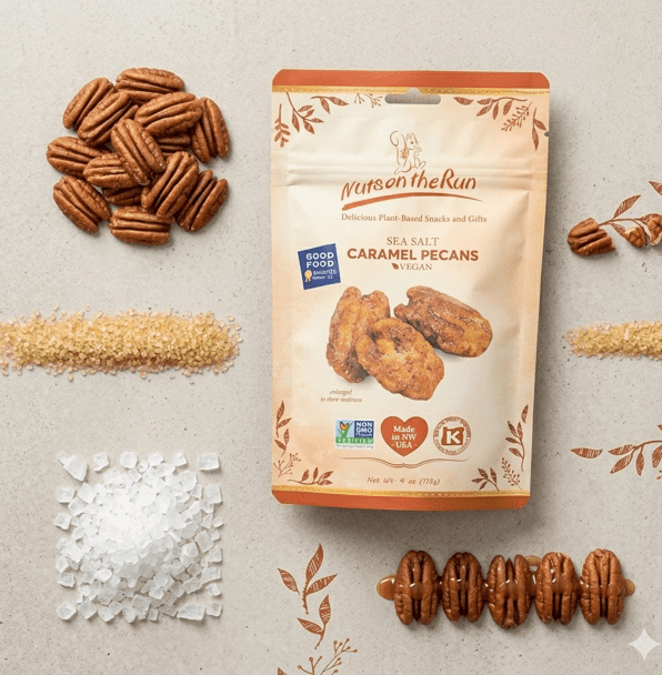 Nuts on the Run Sea Salt Caramel Pecan Pralines – Candied Pecans with Salted Caramel - Vegan, Gluten-Free, Kosher, Non-GMO Glazed Pecans – 4oz (Pack of 3 Pouch Bags) Handmade Snacks