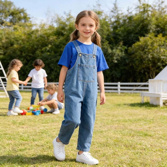 SONGGE Toddler Girls Denim Overalls Casual Loose Fit Jumpsuit With Tops Outfit Sets For Baby Solid Color Boho Clothing Sets