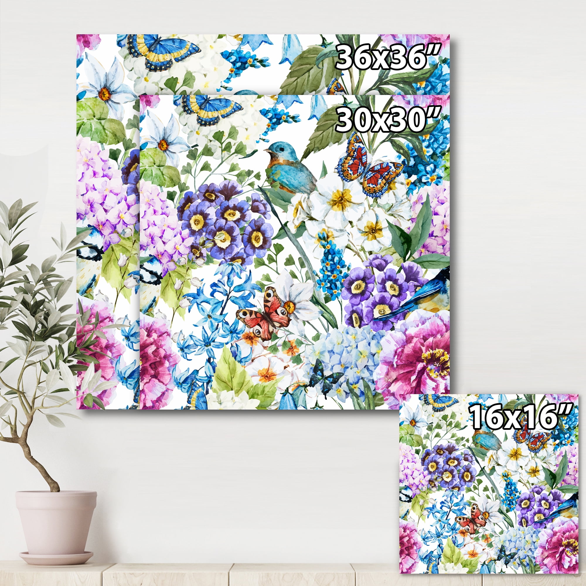 Designart ' Wildflowers and Vibrant Wild Spring Leaves XII ' Modern Canvas Wall Art Print