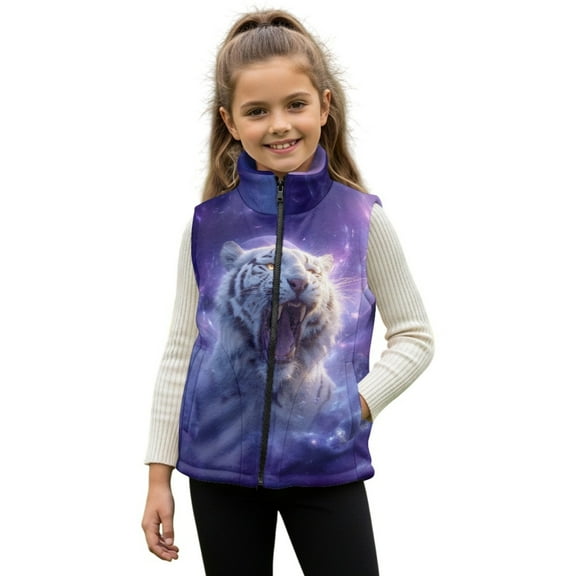 Xixirimido White Tiger Galaxy Pattern Kids Zip-up Vest for Girls Boys Sleeveless Fleece Vest with Pockets Stand Collar Jacket Kids Fall Winter Outwear for 5-6