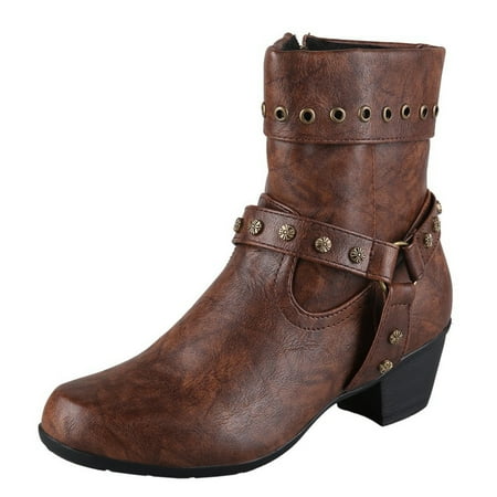 

Egmy Women Shoes Breathable Chunky High Heels Retro Zipper Short Boots