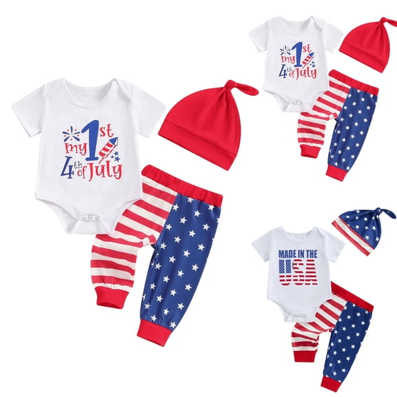 Ulanda 4th of July American Boy/Babe Letter Embroidery Romper   Striped Pants   Beanie Hat 3Pcs Baby Boy Outfit (White, 0-3 Months)