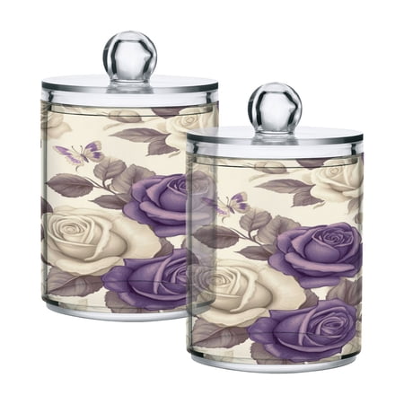 WOBOGO Purple White Flowers Pattern Transparent Plastic Jar 4pcs Cotton Swabs Balls Pads Floss Stick Dispenser Bathroom Vanity Storage Organizer