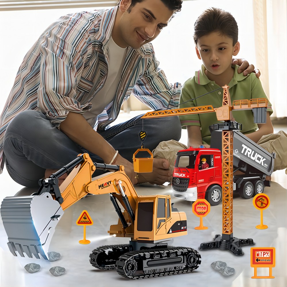 TZDZRC 1:22 6-Channel RC Excavator with Light, 6-Channel RC Dump Truck and Crane Tower 3 in 1, 2.4GHz 12 Meters Remote Control Distance, Toys for Children