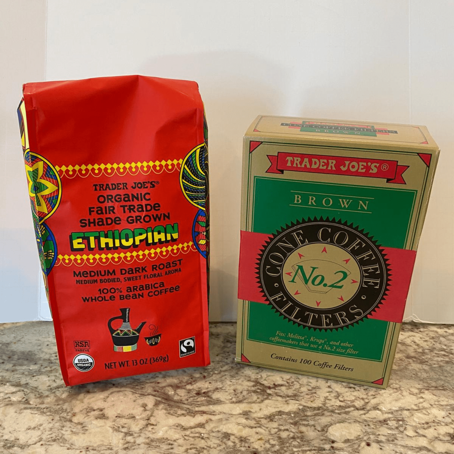 Trader Joes Organic Ethiopian Whole Bean Coffee & No. 2 Cone Coffee Filters  Medium Dark Roast Arabica, 13 oz - Pack of 2