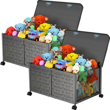 Toy Box Storage, Toy Chest Organizers, Large Toy Box for Boys, 70L Toy Storage Organizer with Wheels, Metal Toy Storage for Nursery (Black)