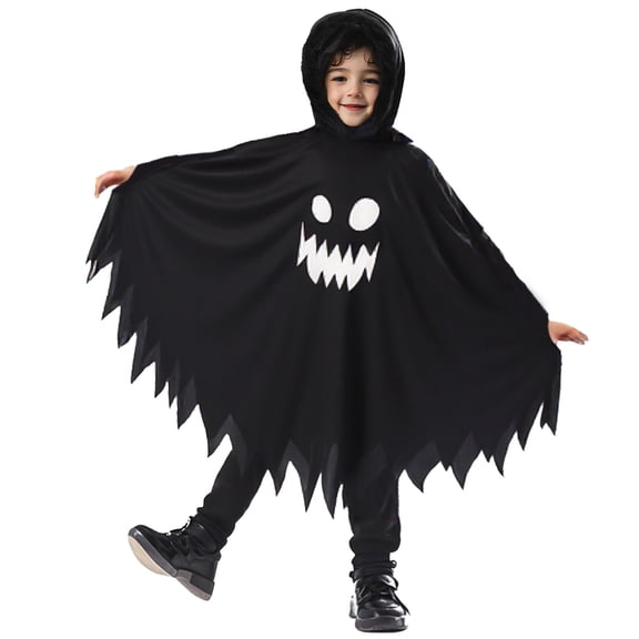 Child Luminous Black Ghost Hooded Cape, Serrated Luminous Ghost Face Cloak, Halloween Boy and Girl Ghost Cosplay Party Performance Costume
