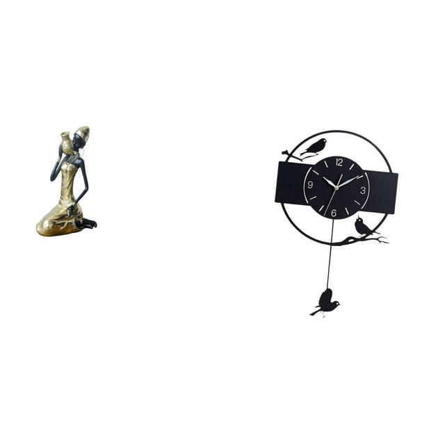 Estatua de resina de mujer tribal africana y reloj de pared minimalista de pájaro, adorno decorativo acrílico para estudio, sala de estar, cocina.