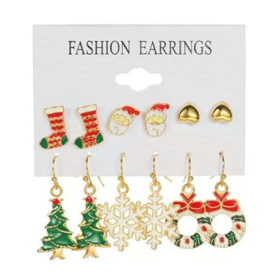 EOEMY 6 Pairs Christmas Tree Crystal Santa Claus Elk Snowman Earrings Stud Hook Women-#4