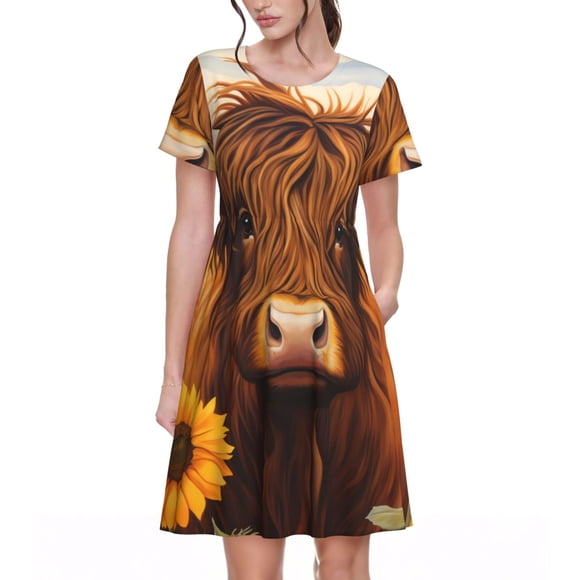 Vsdgher Countryside Sunflower Cow for Womens Summer 2025 Casual Midi Maxi Dresses Lightweight Short Sleeve Round Neck Beach Dress