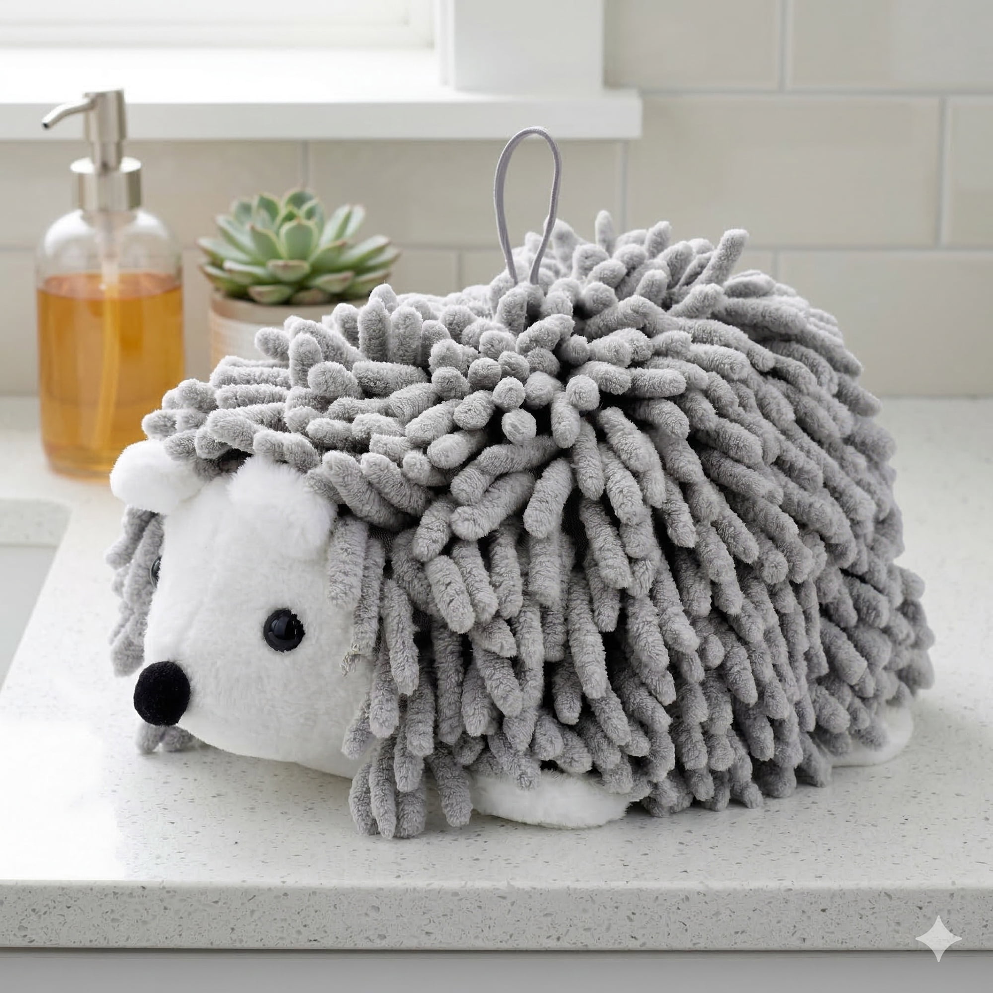 Unique Bargains Animal Chenille Hanging Absorbent Soft Hand Towel Grey 10" x 6"