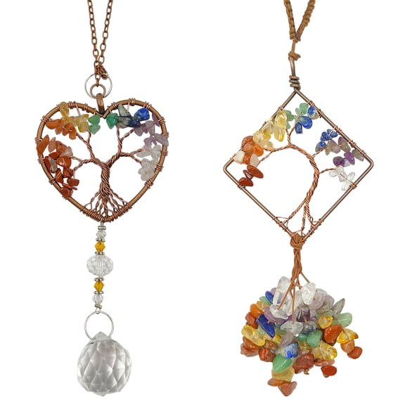 2 Pcs Car Mirror Hanging Accessories, AFUNTA Tree of Life Car Hanging Ornament Crystal Suncatcher for Window Car Pendant (7 Chakras)