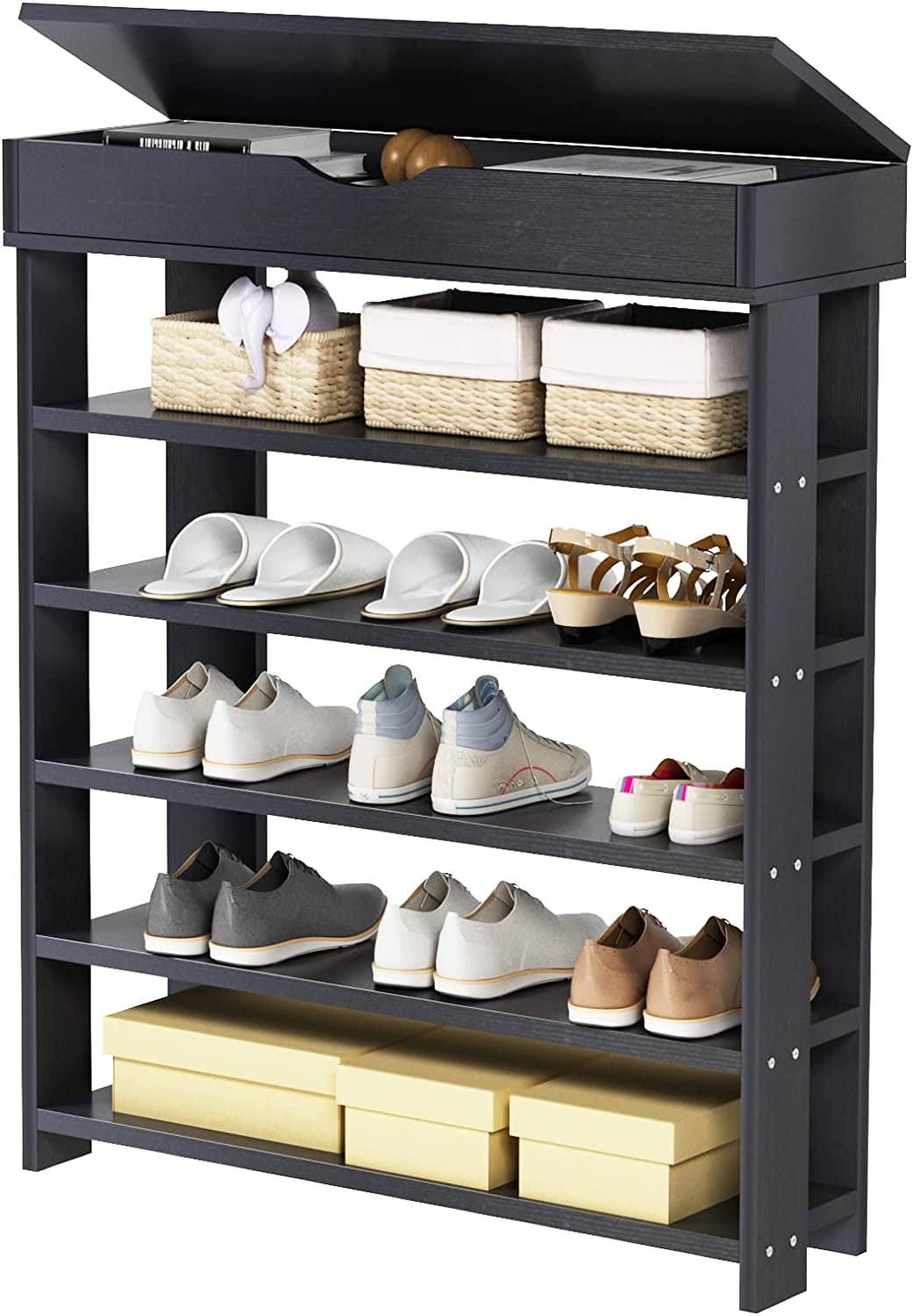 GUAIPOU 5tier Wooden Shoes Rack Organizer with Storage Compartment