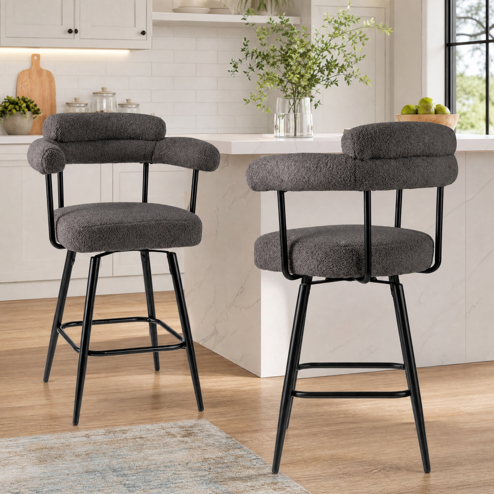 Furnibear Swivel Bar Stool Set of 2 Counter Height Chairs with Curved Back and Arms for Kitchen Island Counter Bar Pub Dining Home, Grey