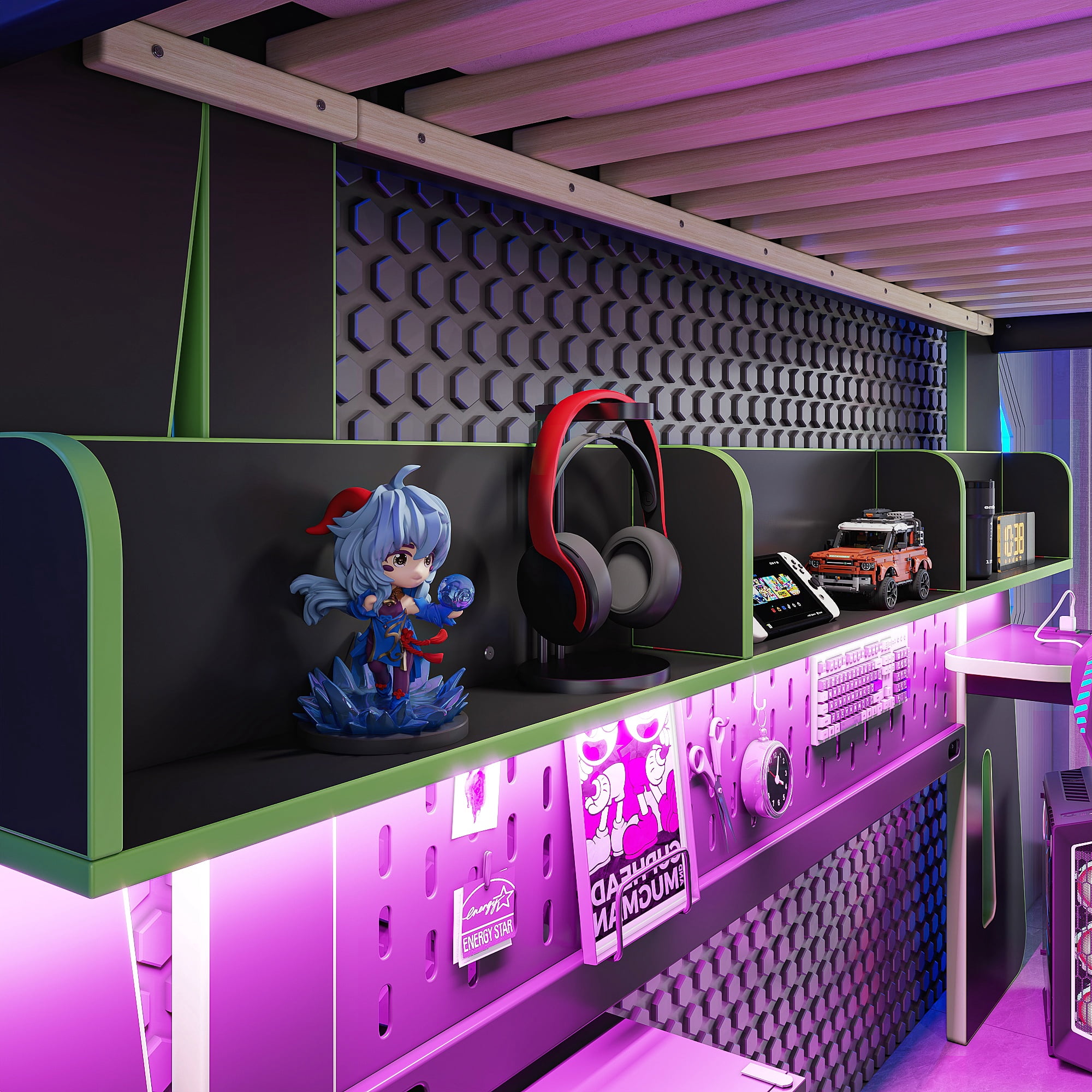 Mintazer Twin Size Gaming Loft Bed with Desk & LED Ambient Light, Esports Loft Bed with Storage Shelves & Power Outlet for Teens Bedroom, Green