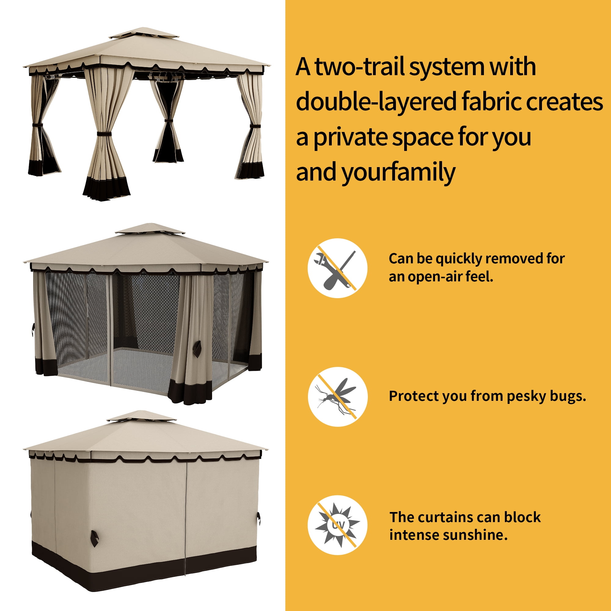 Dextrus 10' x 12' Outdoor Gazebo for Patios, Double Roof Softtop Canopy Gazebo with Mosquito Netting and Curtains, Soft Fabric Top Garden Winds Tent for Lawn, Garden, Backyard and Deck