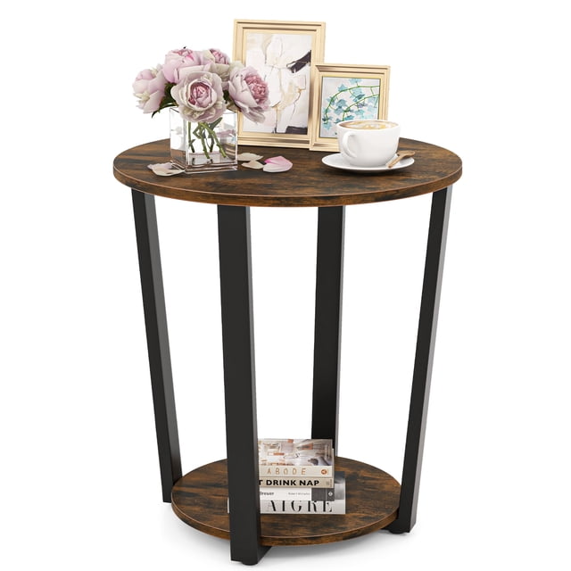Patiojoy Round End Table 2-Tier Accent Side Table w/ Open Shelf Sofa Table w/ Metal Frame Industrial Nightstand Bedside Table