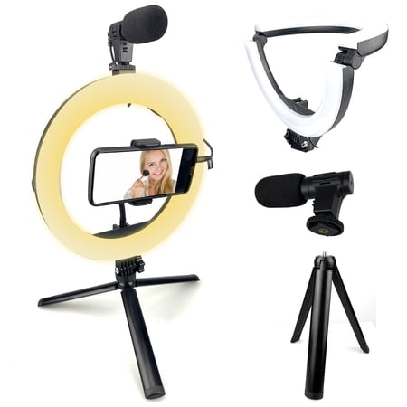 Acuvar HD Vlogging Kit w/Aluminum Tripod, Collapsible LED Ring Light, Shotgun AUX Mic