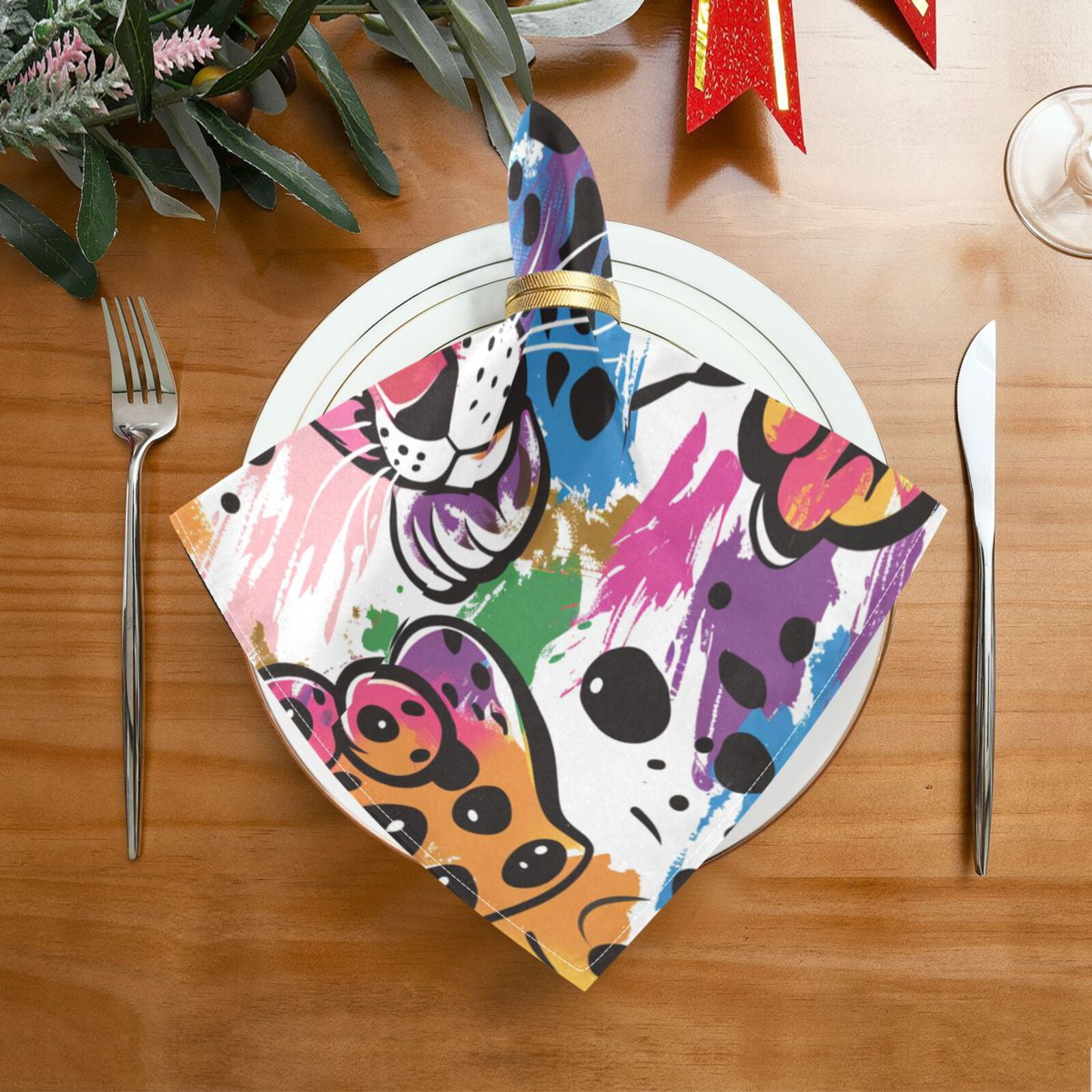 JSTEL Cute Leopard Cartoon Rainbow Cloth Napkins Set of 6, 20x20 Inch Washable and Reusable Napkin for Decoupage Dinner Party Everyday Use