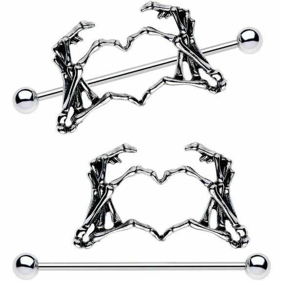 Skeleton Hand Heart Pair Of Nipple Shield long 14 Gauge Barbell 1 1/2"