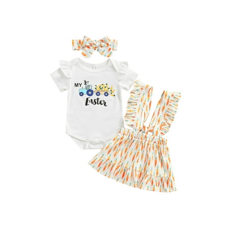 

Toddler Newborn Baby Girls Jumpsuit Set First Easter Summer Short Sleeve Romper Easter Bunny Print Shorts Headband