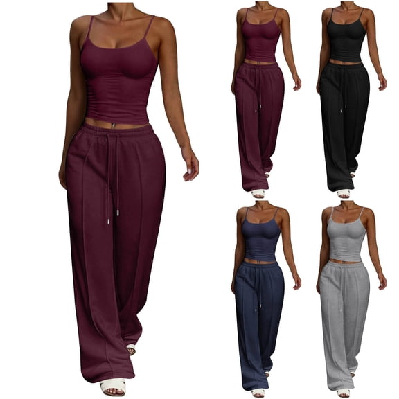 Womens Tracksuit 2 Piece Sets Solid Color Slim Fit Sleeveless Tops High Waist Drawstring Wide Leg Pants Casual Summer Loungewear Ladies Sports Yoga Beach Black S