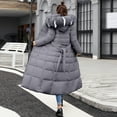 thumbnail image 5 of Lisingtool Winter Coats for Women's Solid Color Long Slim Hooded Detachable Collar Tie Warm Cotton Padded Pocket Long Sleeve Jacket Womens Tops Grey, 5 of 8