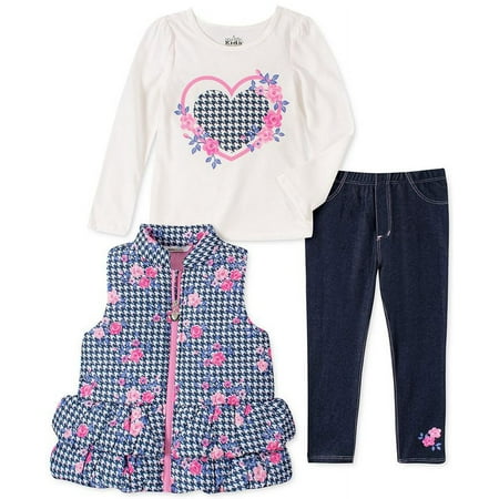 Kids Headquarters Little Girl's 3 Pc Houndstooth Vest T-Shirt & Denim Leggings Set Blue Size 6X