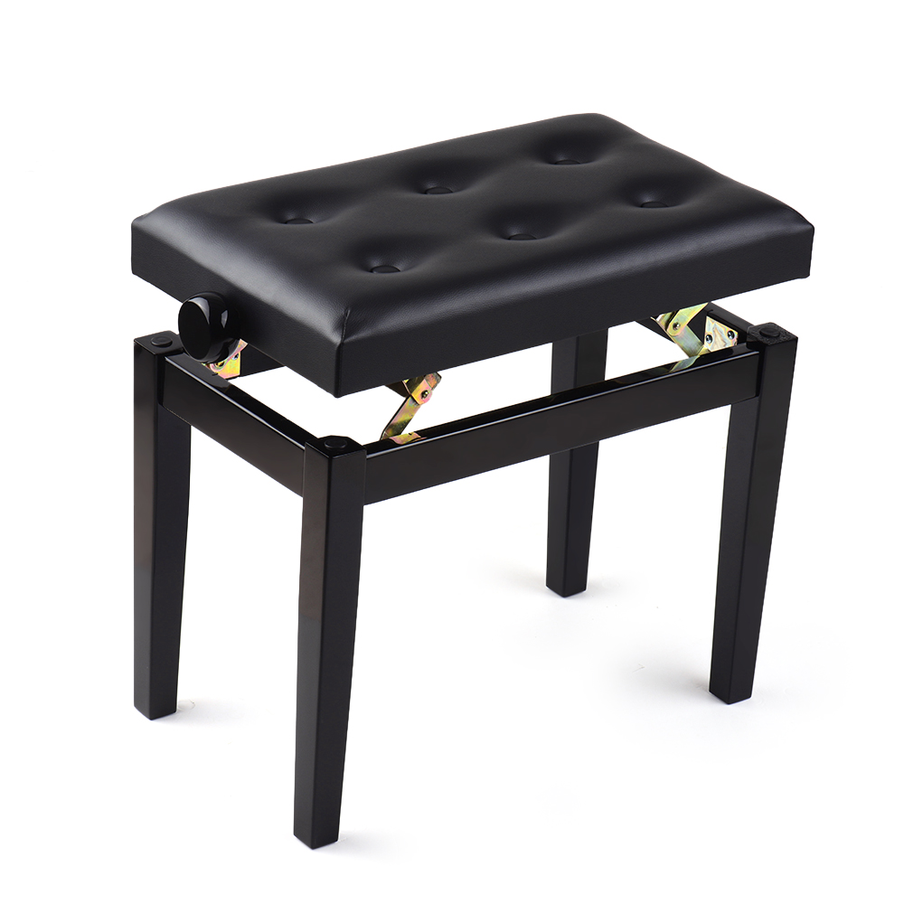 Black Wooden Piano Bench Stool Adjustable Height Soft Cushion Padded