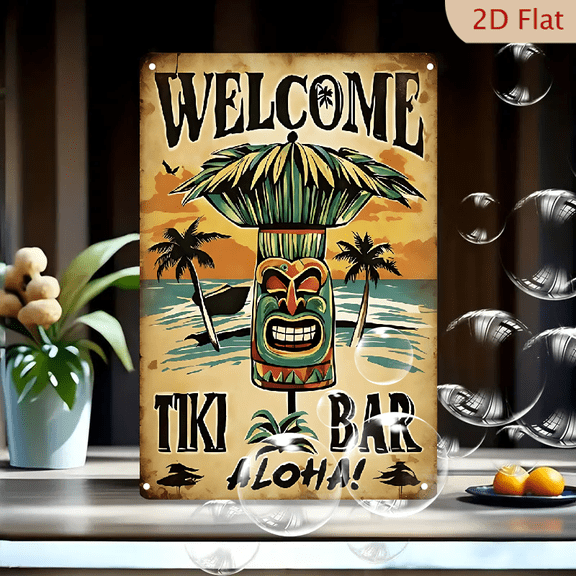 Vintage Tiki Bar Sunset Wall Art, 8x12 Inches Metal Tin Sign with Polynesian Mask, Palm Trees and Aloha Welcome Retro Decor for Home Kitchen Bar