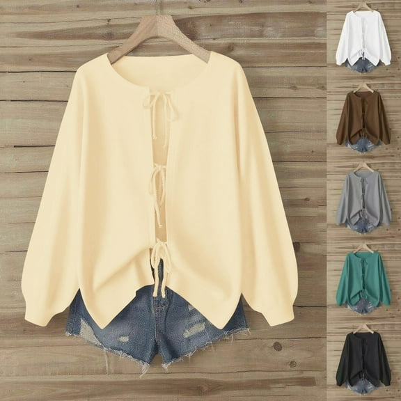 idosla Women's Plus Size Bow Tie Front Cardigan Sweater Long Sleeve Drop Shoulder Outerwear (Grey, S)