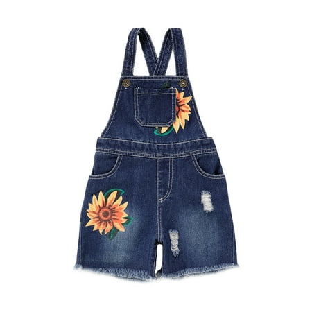 

KIMI BEAR Newborn Toddler Girls Outfits 3T Spring Summer Outfits 4T Sunflower Prints Strap Back Cross Ripped Denim Suspender Jumpsuit Blue