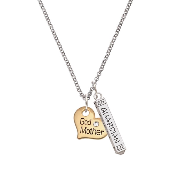 Delight Jewelry Goldtone Large Godmother Heart with Crystal - Silvertone Guardian Angel Bar Charm Necklace, 23"