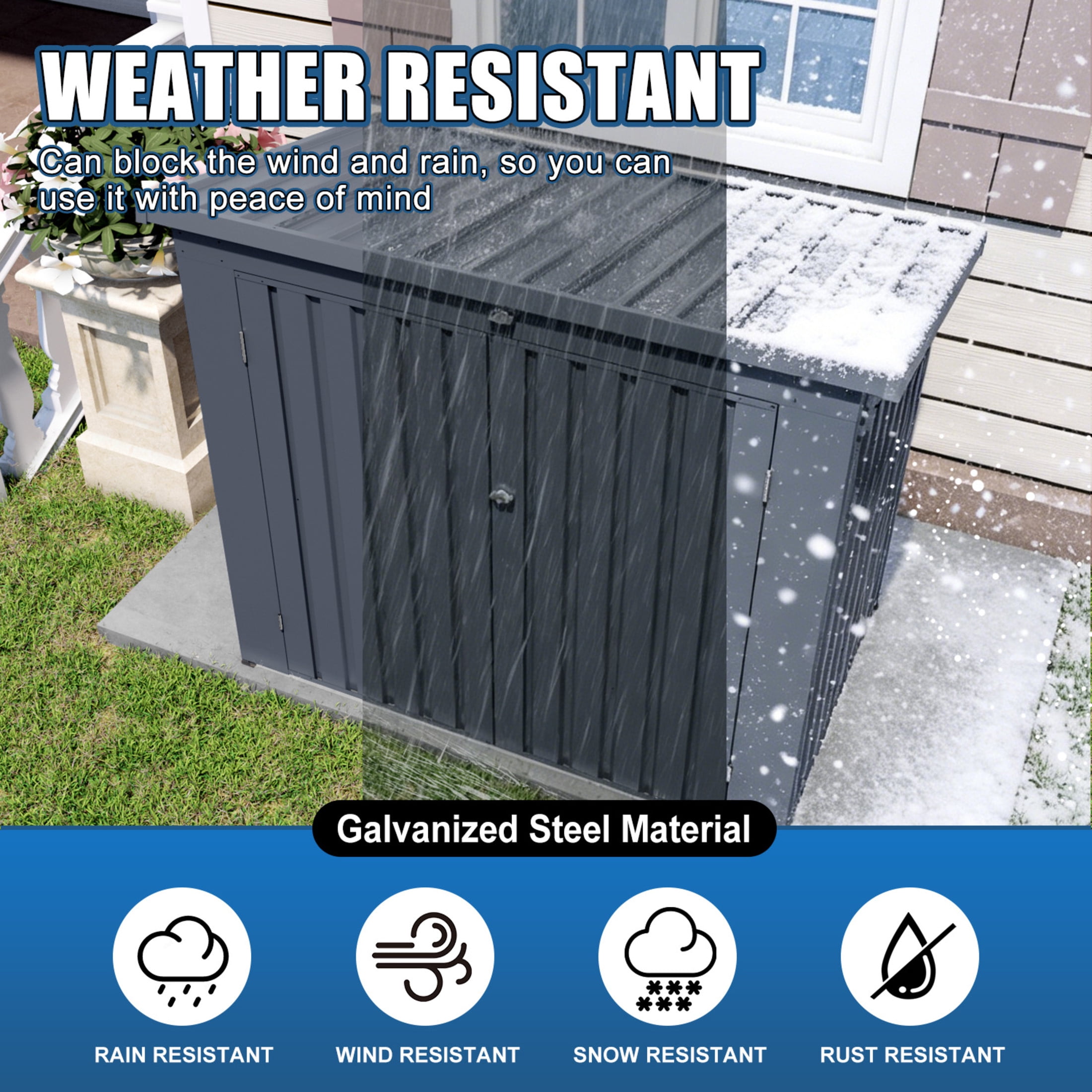 Noble House Outdoor Trash Can Storage Shed for 2 Bins, Metal Garbage Bin Enclosure with Lid, Gray