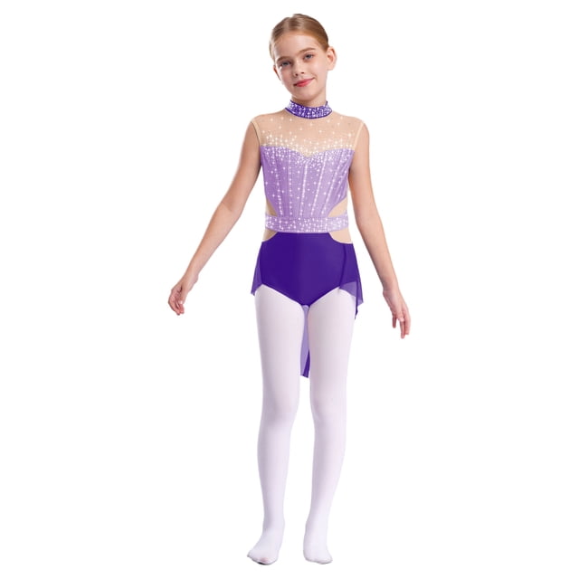 Jhaoyu Robe de Danse Lyrique pour Filles Robe de Ballet Enfants Sans Manches Gymnastique Justaucorps Jupe Haute Basse Violette 16
