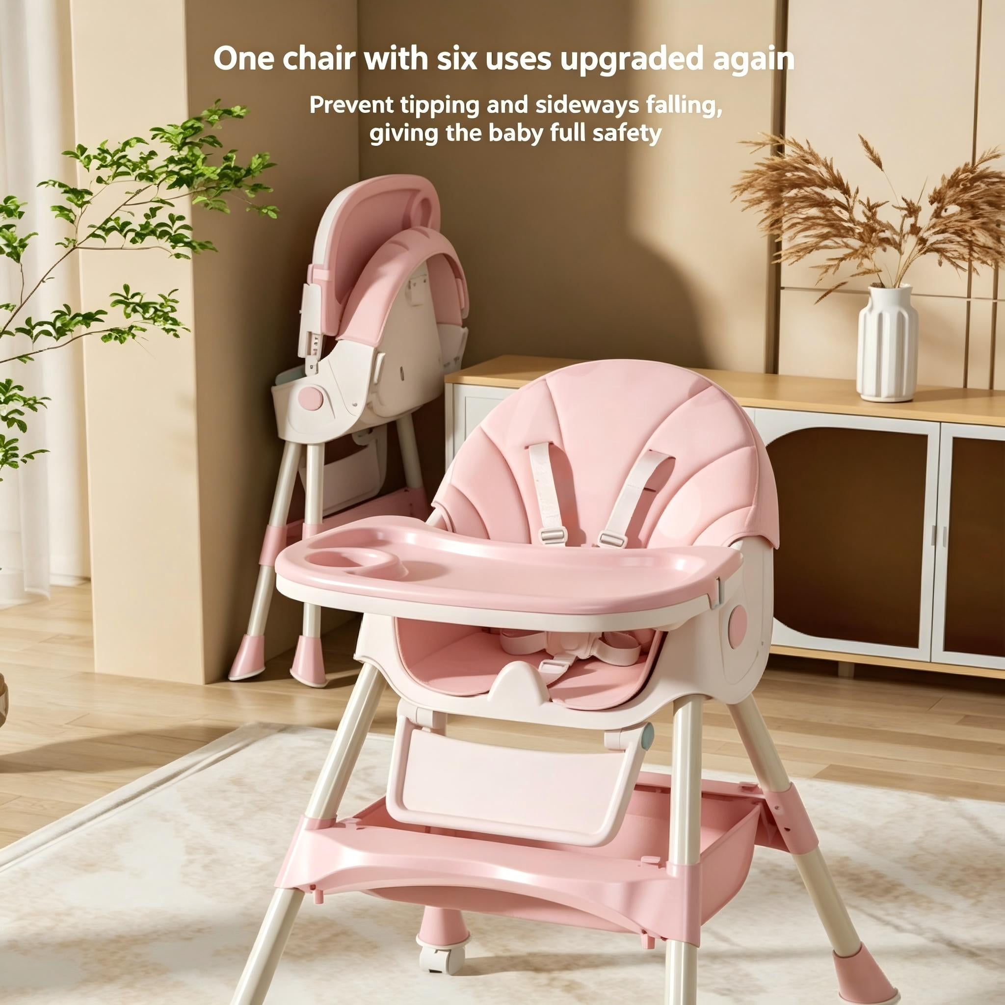 Cochildor 6 in 1 Foldable High Chair, Convertible High Chair for Baby&Toddler, with 5 Point Harness, Pink