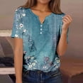 thumbnail image 2 of V Neck Short Sleeve Shirts For Women Flower Prin Dressy Casual Button T Shirt Lightweight Soft Spring Basic Work Tee Vacation Clothes Sky Blue XL, 2 of 5