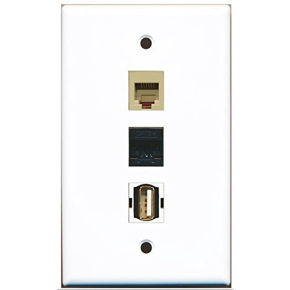 RiteAV - 1 Port USB A-A and 1 Port Phone RJ11 RJ12 Beige and 1 Port Cat5e Ethernet Black Wall Plate