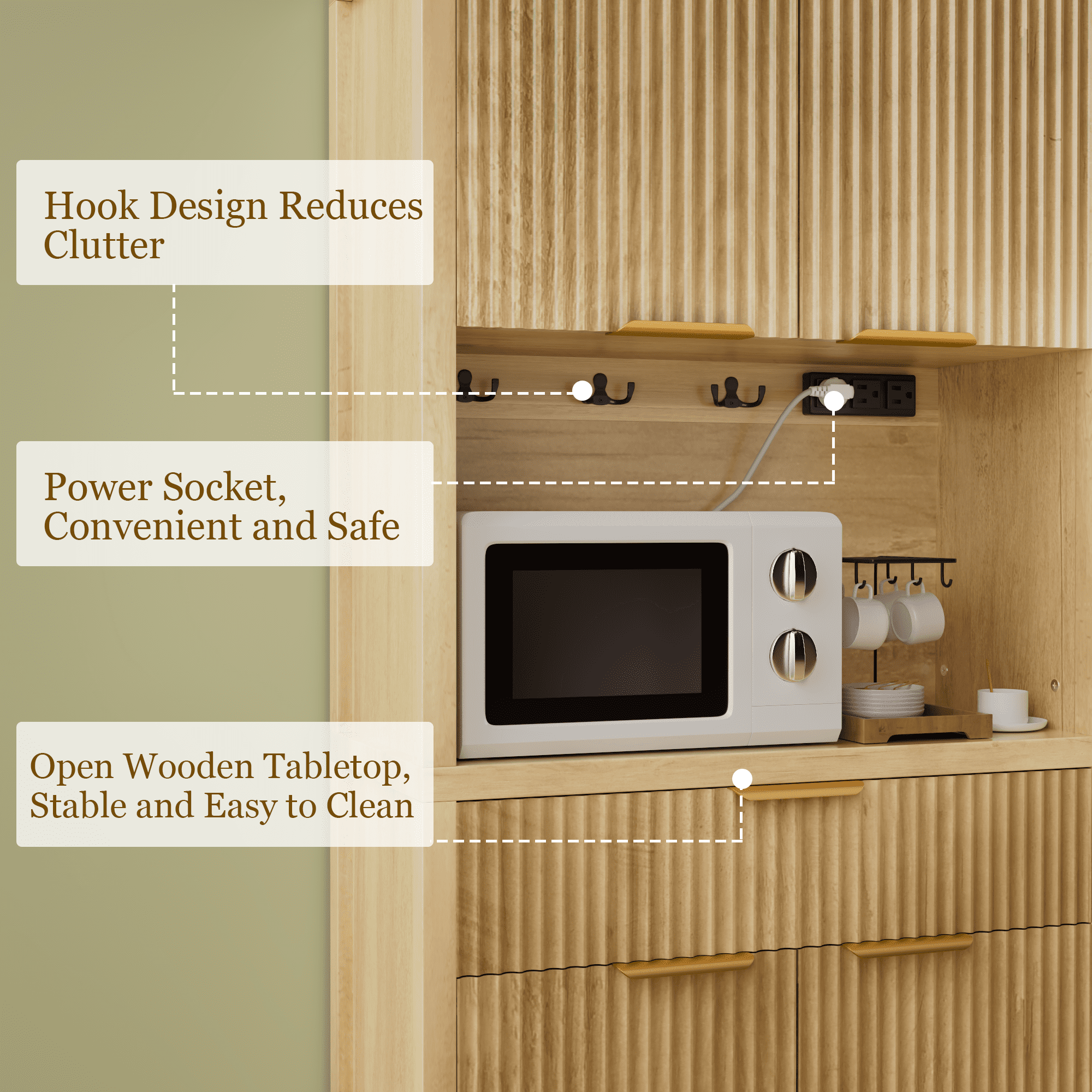 Aufeile 71" Tall Pantry with Drawer and Charging Station, Fluted Pantry Storage Cabinet with Adjustable Shelves for Kitchen Dining Room Living Room, Natural Oak