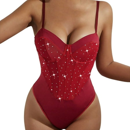 ERkkoi Women s Shapewear Bodysuit Tummy Control Corset Mesh Sheer Sleeveless Shirts Tops Y2K Body Suits For Womens Red L