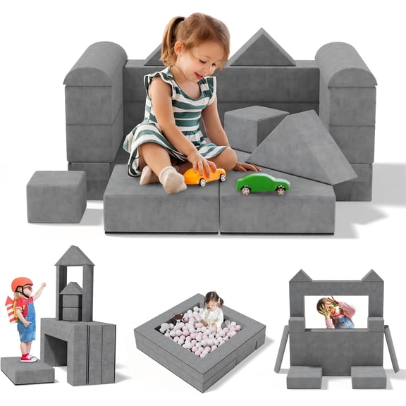 TOLEAD Modular Play Couch Toddlers' Sofa 12 pcs Convertible Foam Couch Kids Sectional Sofa for Playroom Bedroom, Grey