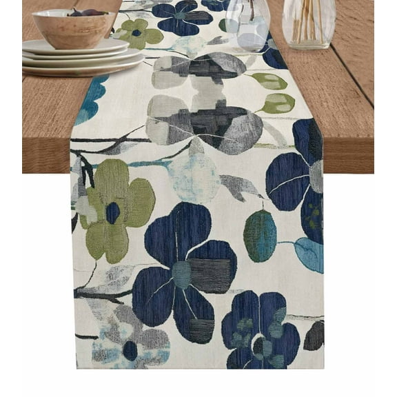 Navy Blue Green Floral Burlap Cotton Table Runner 13x120 Inches Long, Vintage Botanical Leaves Farmhouse Table Runners, Outdoor Dining Tablecloths Decor for Baby Shower/Party/Wedding