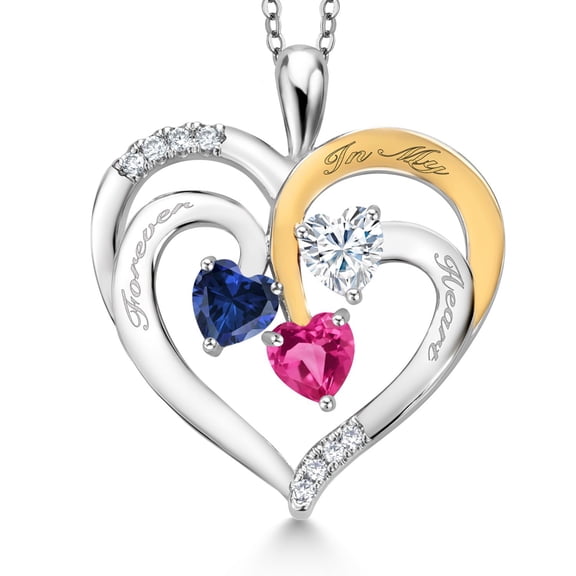 Gem Stone King Two Tone Blue Created Sapphire White Moissanite Pink Created Sapphire `Forever in My Heart` Engraved Pendant Necklace for Women (1.52 cttw, Heart Shape 5MM, 18 inch Chain)