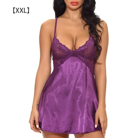 

GeweYeeli Women Lingerie V Neck Nightwear Satin Sleepwear Lace Chemise Mini Teddy Purple