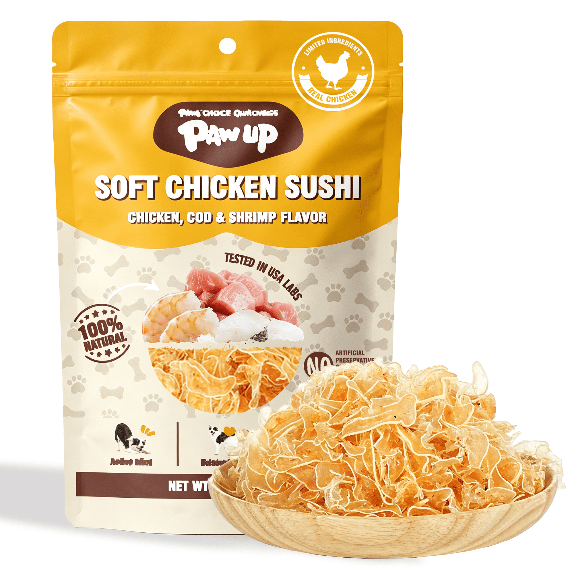 PAWUP Soft Chicken Jerky Sushi Cat & Dog Treat, with Cod & Shrimp for Skin & Coat Support, Seafood Flavor for Small, Medium & Large Dogs & Cats, 5.5 oz Bag