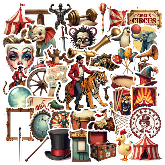 Vintage Circus Theme Stickers, Waterproof Circus Theme Sticker for Water Bottle Laptop Phone Cases Planner Skateboard Luggage Helmet Party Favor Decor, Ideal for Adults Teens Teacher Rewards