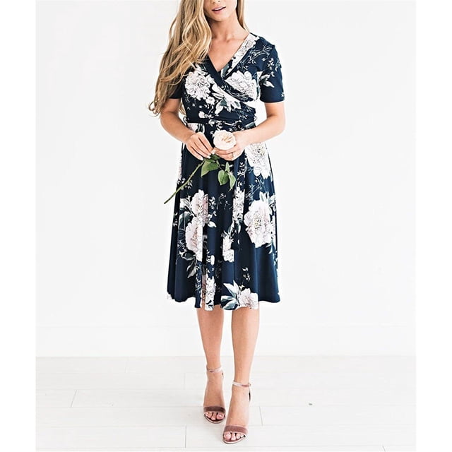 EYIIYE Robe à Manches Courtes à Imprimé Floral pour Femmes avec Ceinture
