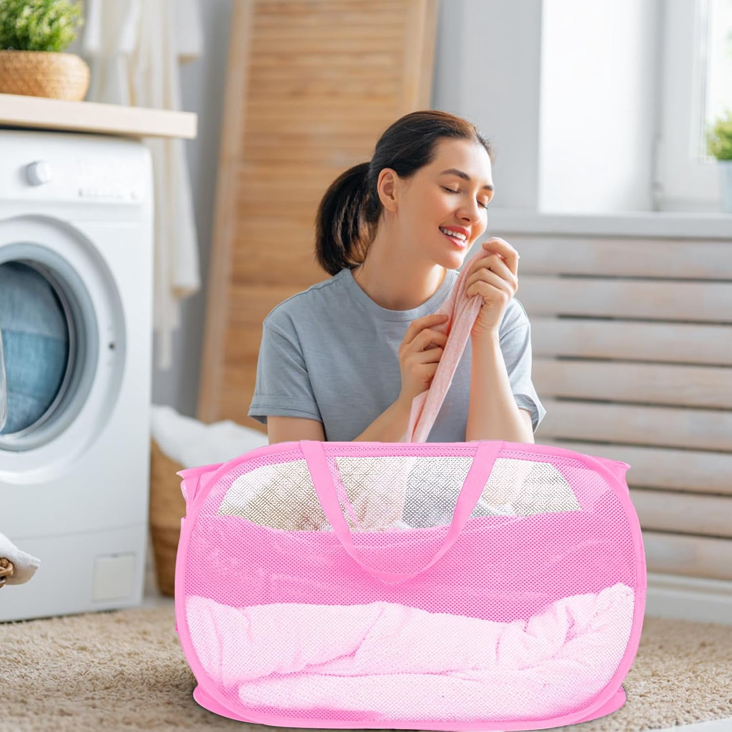 Kiibsot Strong Mesh Pop Up Laundry Basket, Collapsible Laundry Hamper with Side Pocket, Foldable Clothes Hamper with Durable Reinforced Handles for Laundry, Bathroom, Kids Room, Dorm or Travel