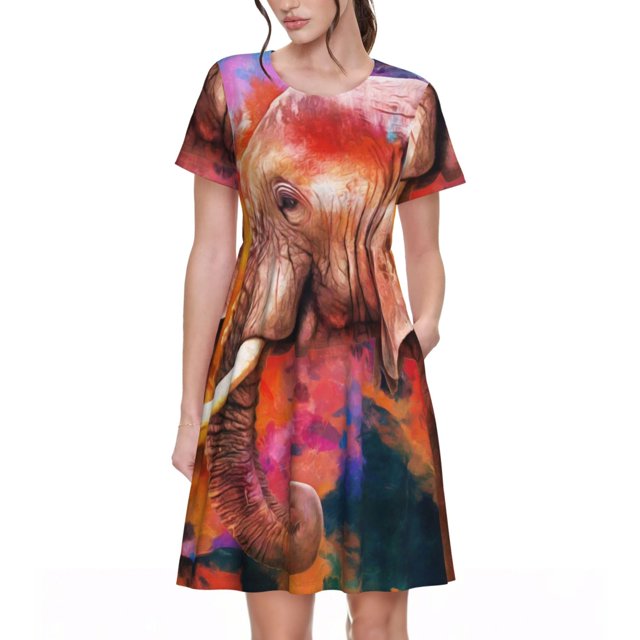 Balery Oil Paintings of Elephants Vestidos sueltos de manga corta para mujer, vestidos de verano 2025, vestidos casuales de corte A con vuelo.