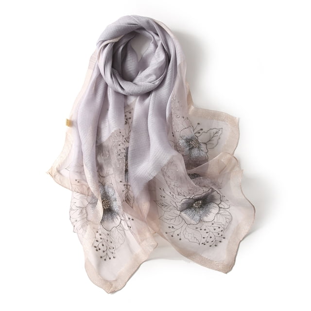 Bufanda de seda morera para mujer, larga y grande, con estampado floral bordado, chal y pañuelo para el cuello y el cabello